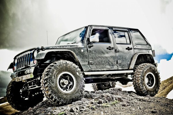 Mud-spattered jeep off-road