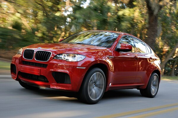 Red BMW x6 car wheels in motion