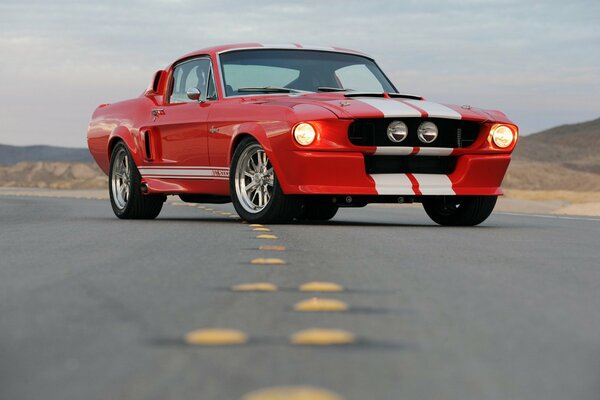 Ford Mustang en la naturaleza con la carretera