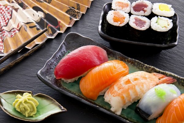 Variety of Japanese cuisine with seafood