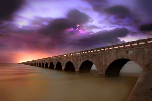 Endless viaduct on sunset background