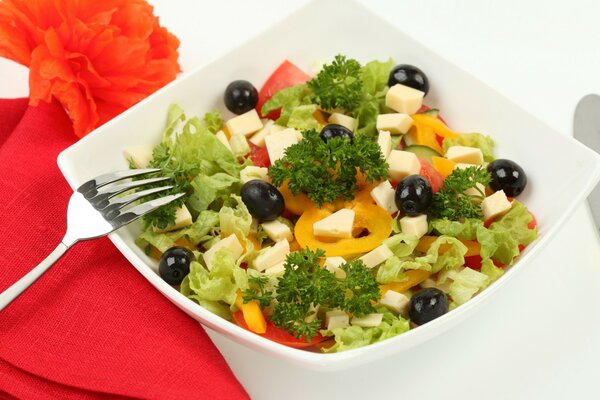 Vitamin salad in a white splatnik fork red solfetka