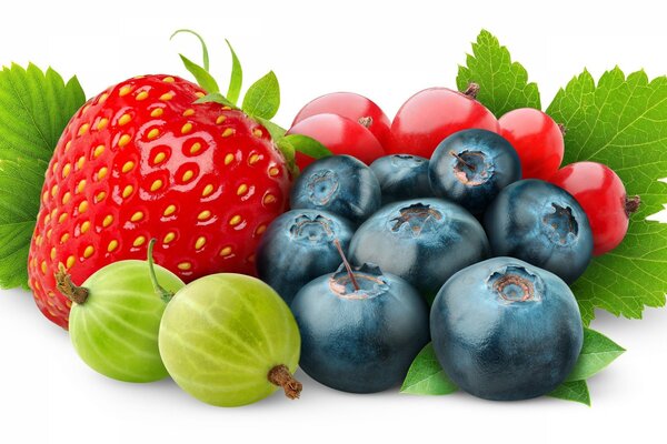 Strawberries, blueberries, gooseberries on a white background