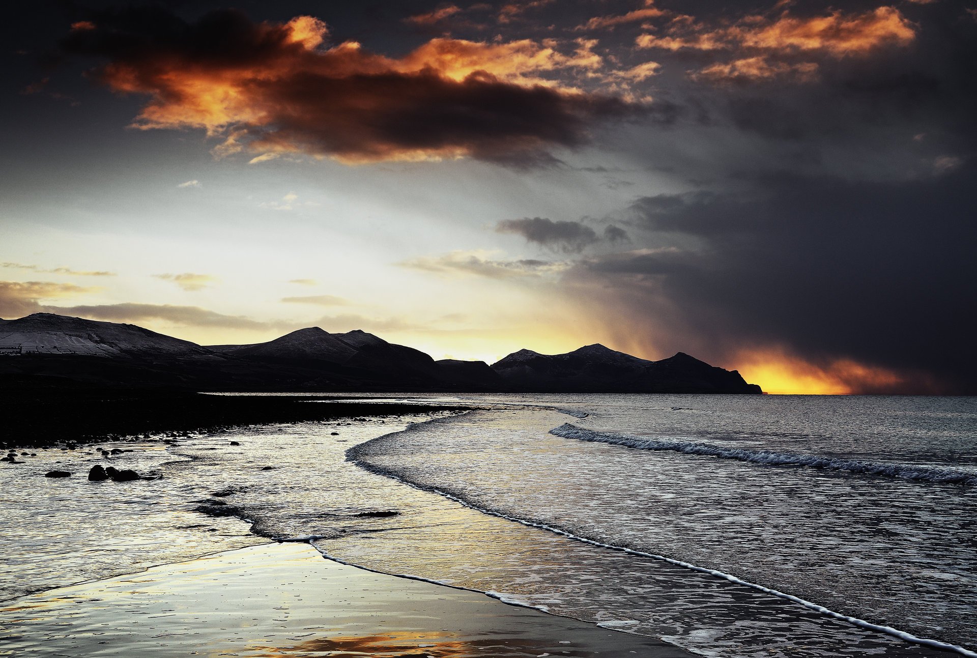 beach the evening mountains sea sunset rock