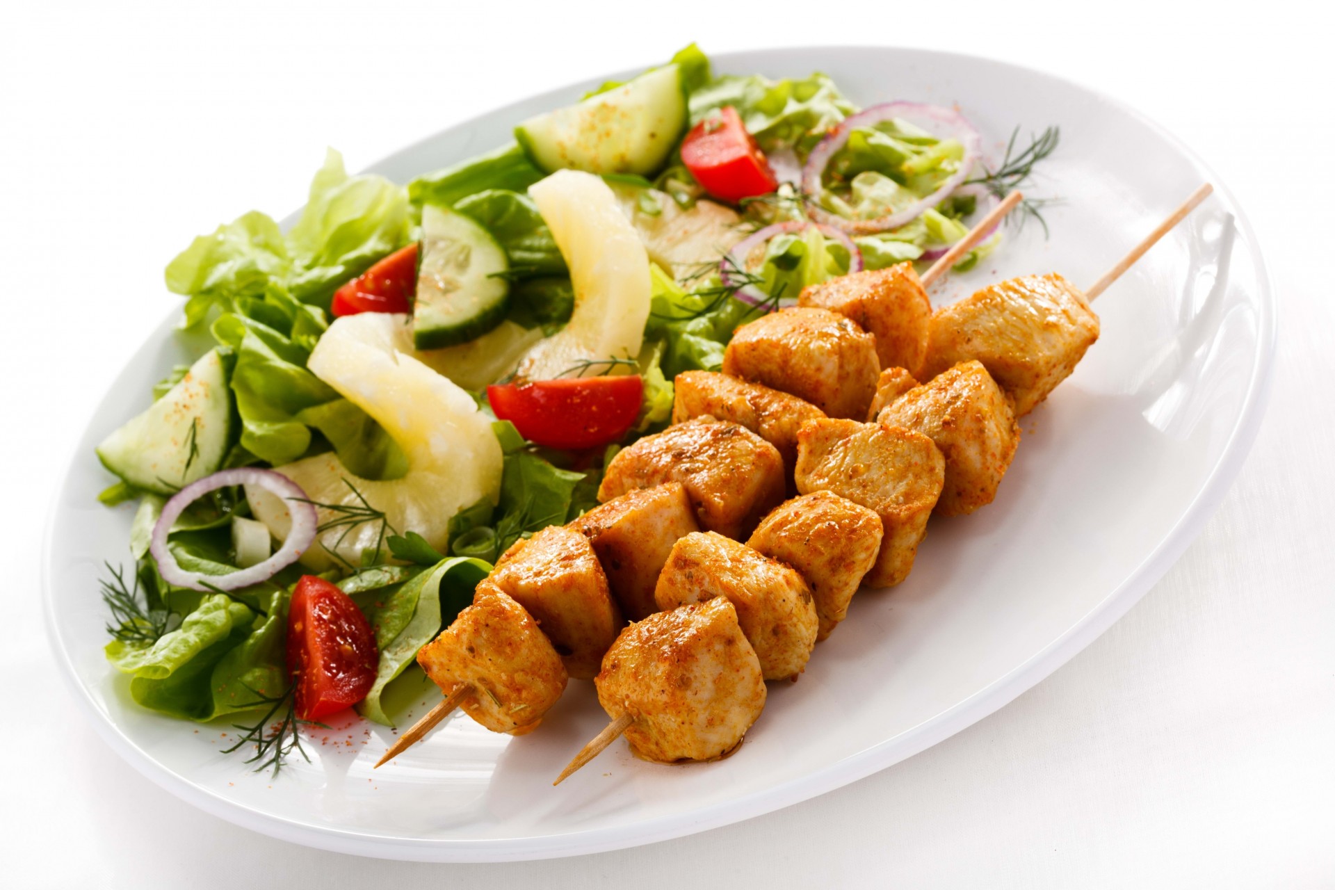 white background salad plate kebab