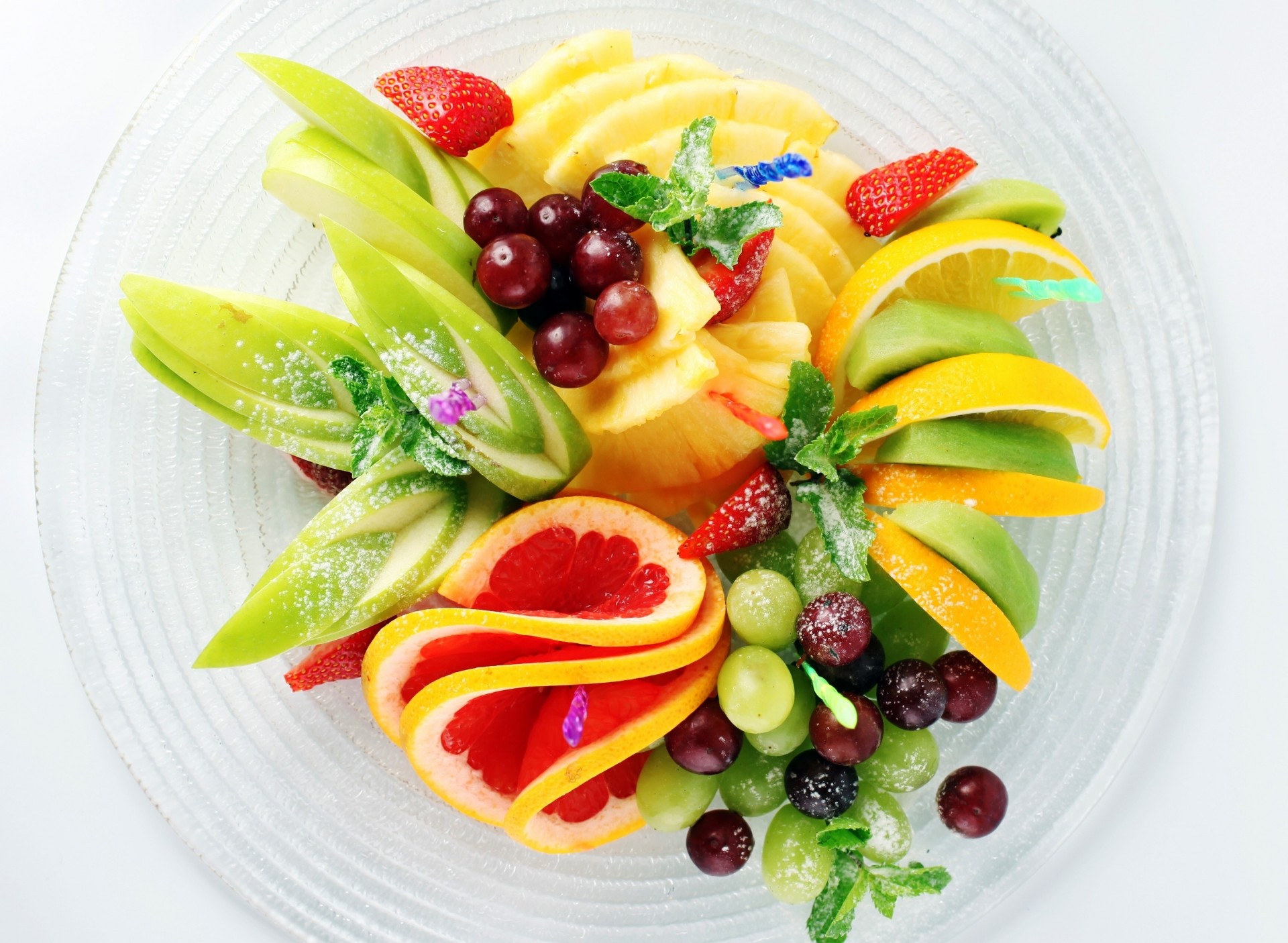 kiwi bananas mint fruits grapes pineapple salad grapefruit lemon strawberry dish apple