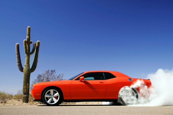 Pomarańczowy dodge Challenger pomarańczowy na pustyni