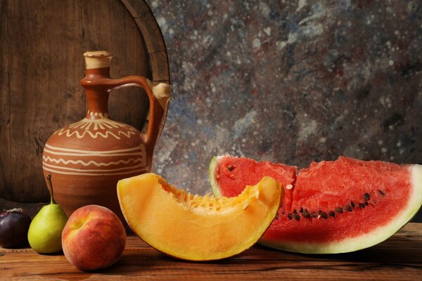 Still life jug melon watermelon peaches pear