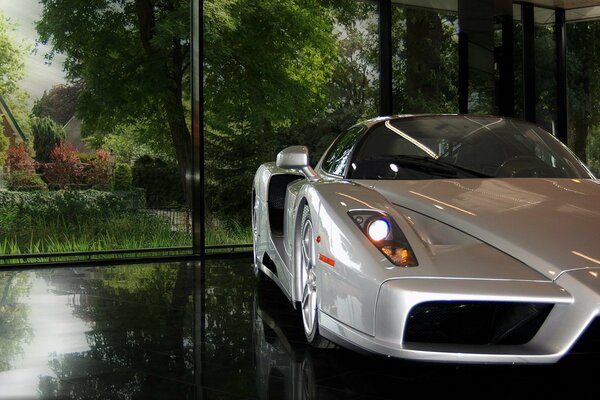 Ferrari nacrée sur fond de forêt verte