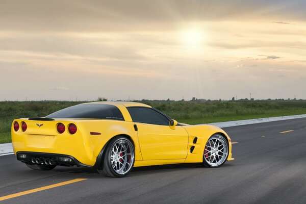 Yellow Chevrolet corvette posing on the road