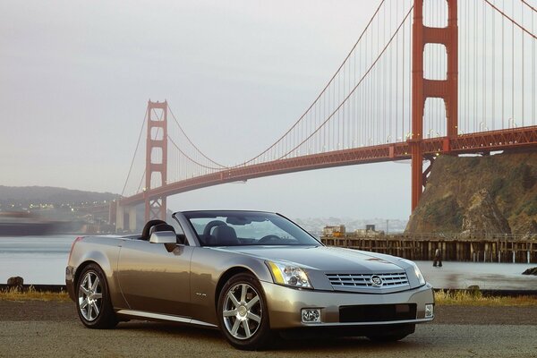 A gray Cadillac stands against the background of a bridge across the river