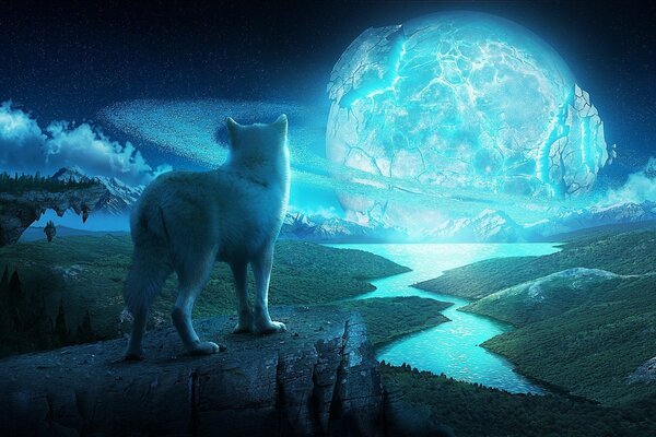 A lone wolf on a rock. The night sky with a collapsing glowing planet reflected in the river