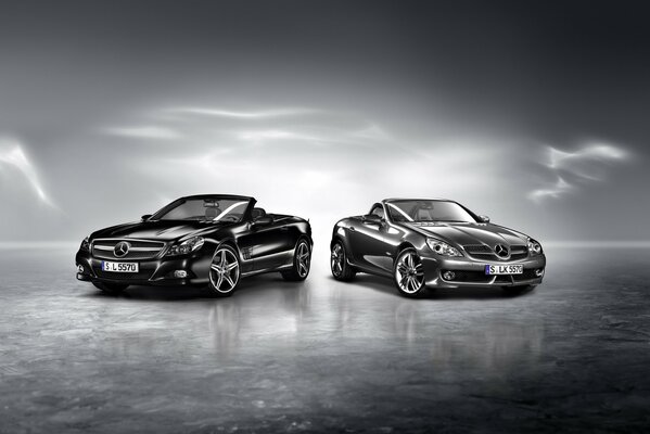 Two Mercedes-Benz sl on a shiny gray road