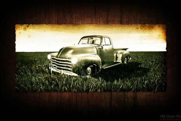 Photo Vintage d un vieux pick-up sur la pelouse