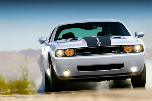 Dodge challenger reitet mitten in der Wüste