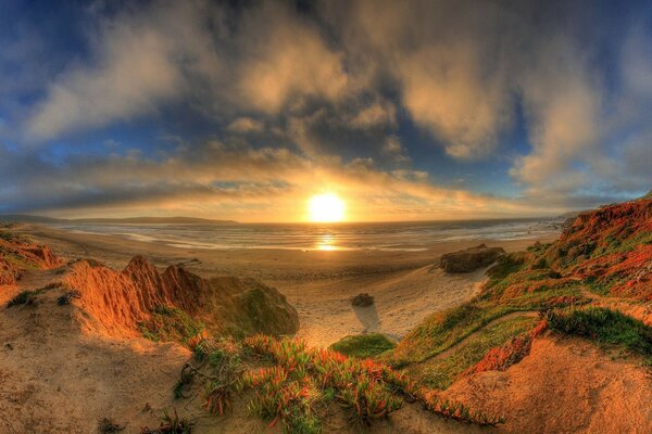 Sunset panorama on the shore