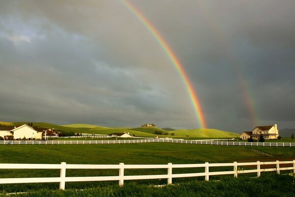 Bellissimo paesaggio con campo e arcobaleno