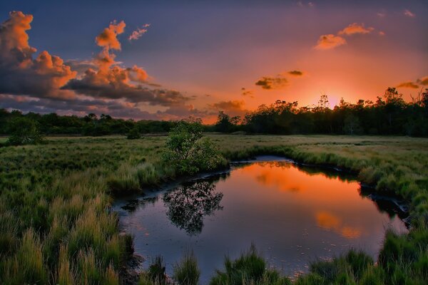 Puesta de sol sobre un campo verde y un lago