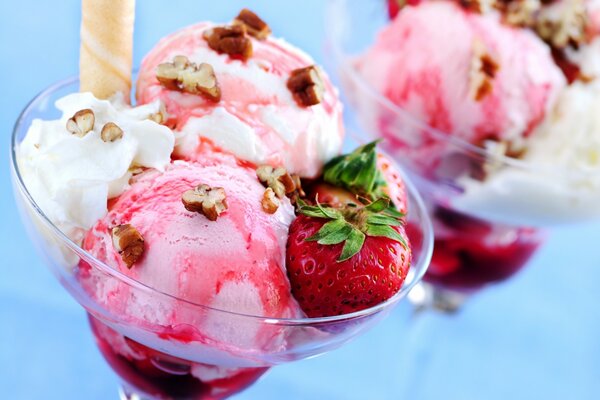 Ice cream with strawberries and nuts dessert