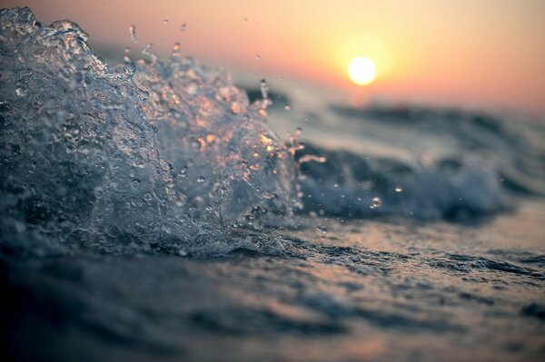 Spruzzi d acqua in riprese macro sullo sfondo di un tramonto soleggiato