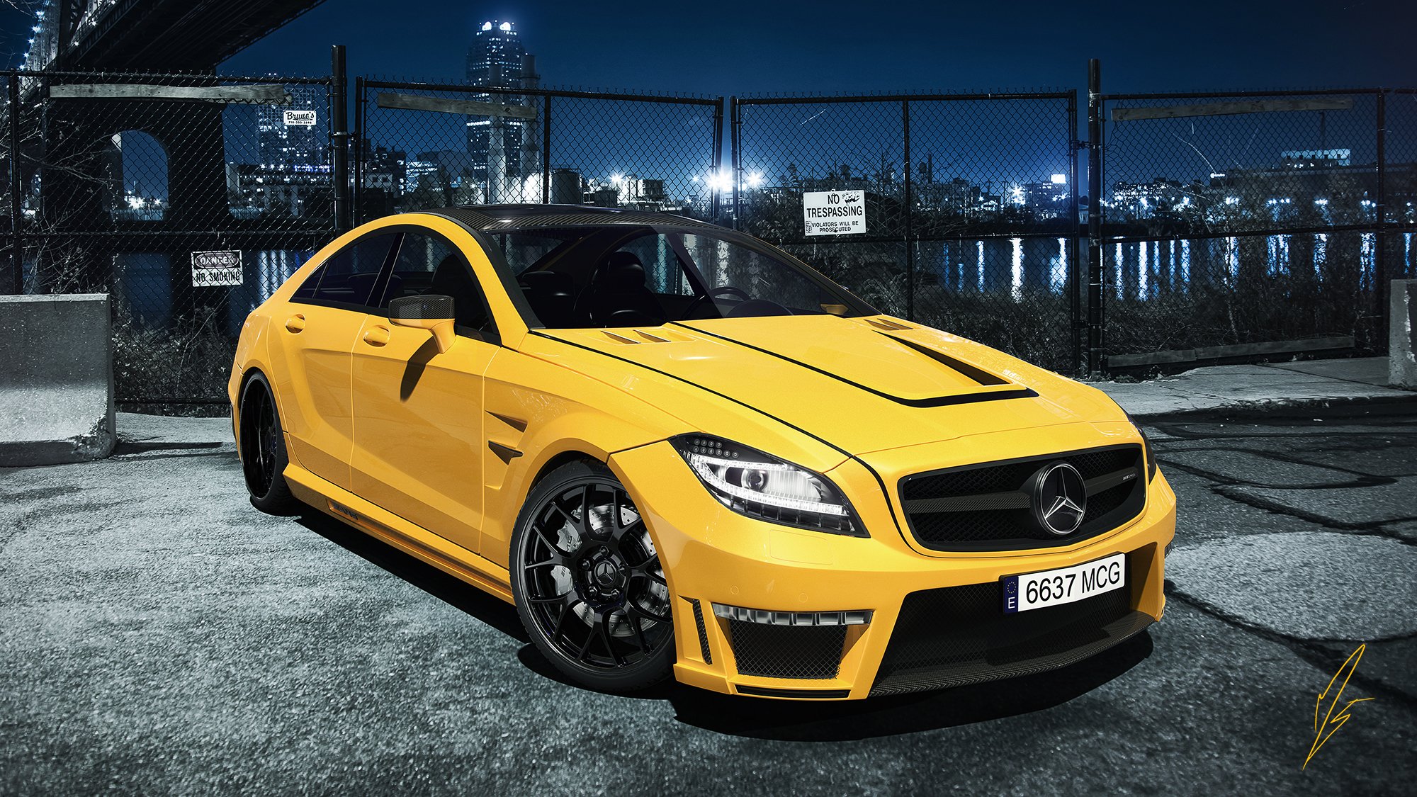 mercedes-benz cls63 amg jaune nigth lumière voitures