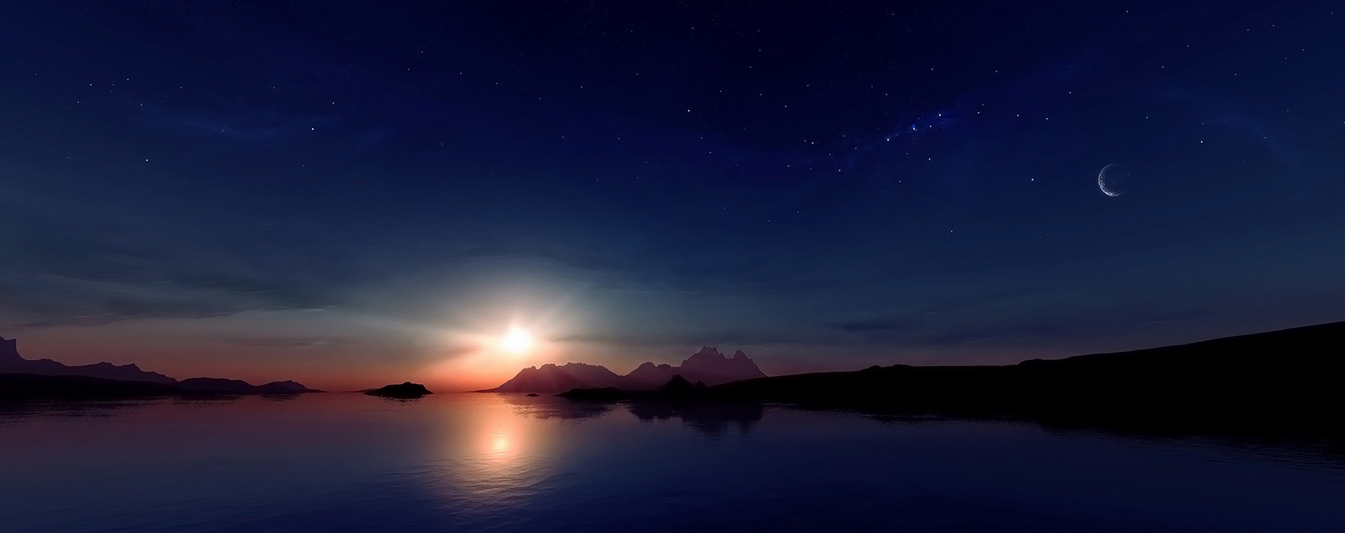 un moon stars sun sunset reflection mountains sunset