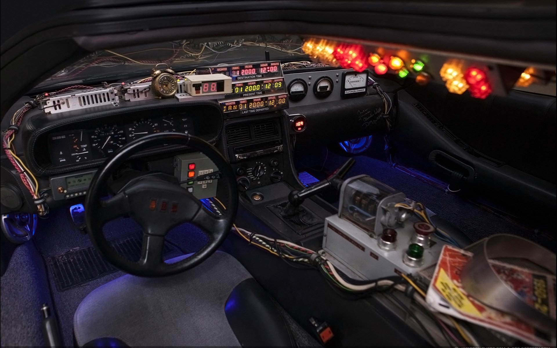 delorean dmc-12 volver al futuro máquina del tiempo delorean salón volante instrumentos fondo