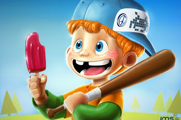 A boy holds a baseball bat and ice cream