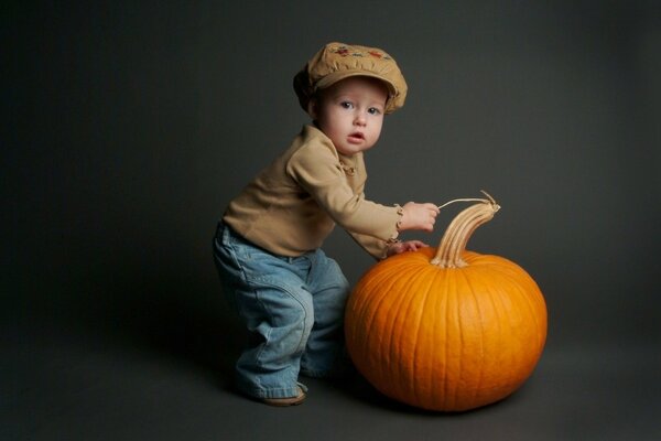 A child with a pumpkin on a gray background