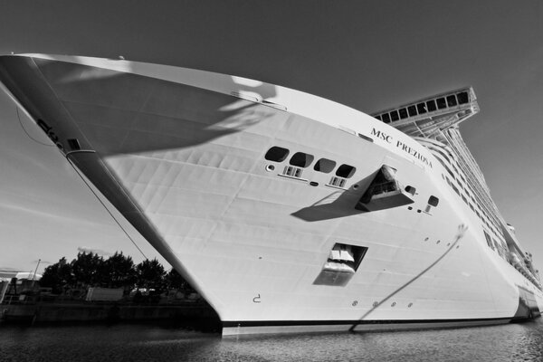 The keel of a large white liner. Black and white photo