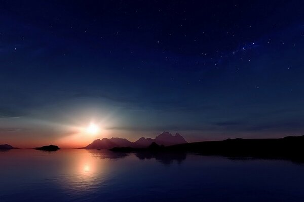 Ein krasser Sonnenuntergang am Ufer des Sees. Sternenhimmel