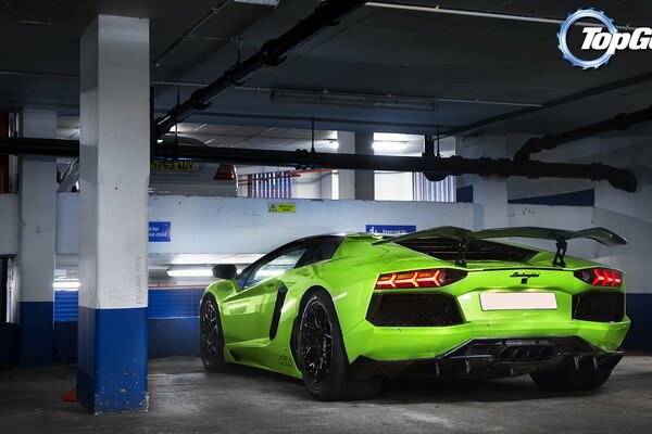 Lamborghini aventador on parking background, rear view wallpaper