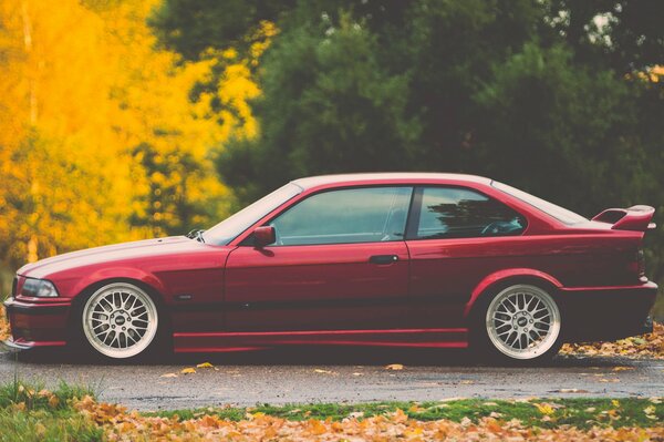 Ein abgedunkelter roter BMW steht in gelben Herbstlaub auf der Straße