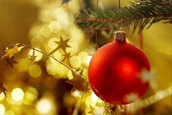 Red New Year s ball on a fir branch on a background of stars