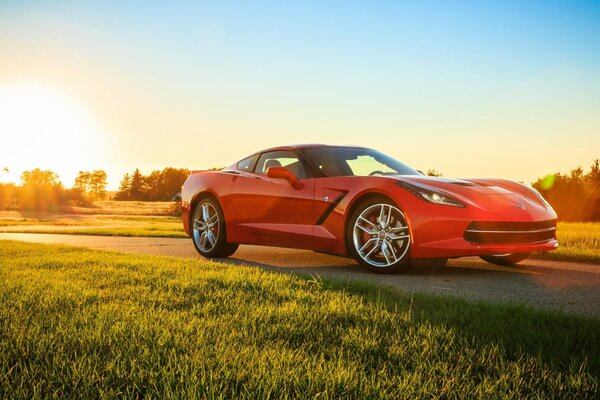 Vista lateral de un Chevrolet Corvette rojo bajo el sol