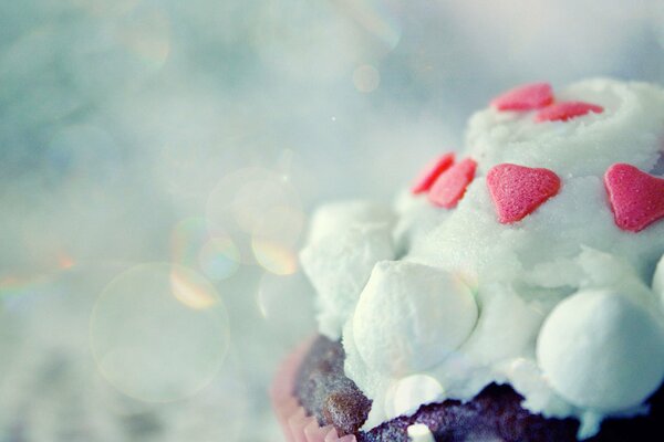 Snow cake decorated with hearts