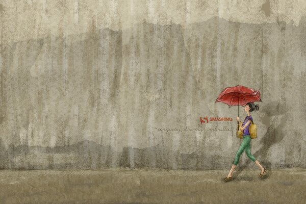 The girl goes with an umbrella to the length of the wall