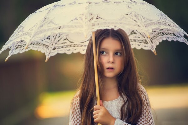 A girl with long hair under an umbrella