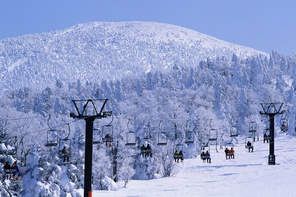 Winter at the ski resort and people on the lift