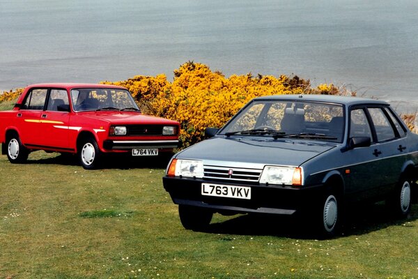 2 coches de la marca Lada en el fondo del río