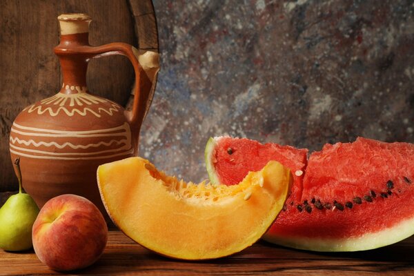 Still life barrel watermelon melon peach pear