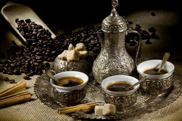 Coffee service on a dark background