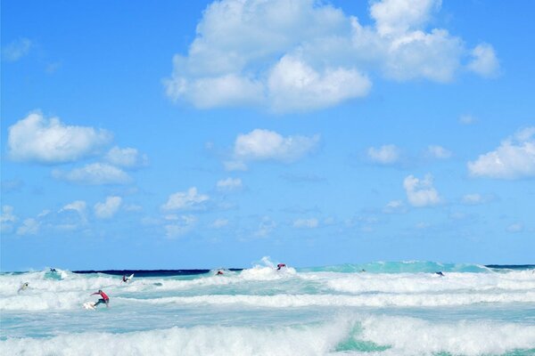 Blue sky and surfers floating on the waves