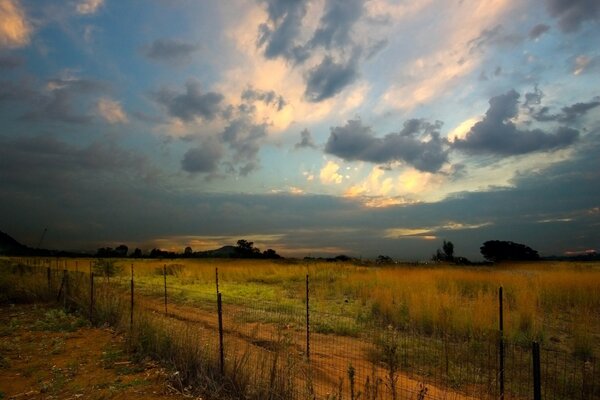 A fence on an evening wasteland under heavy clouds