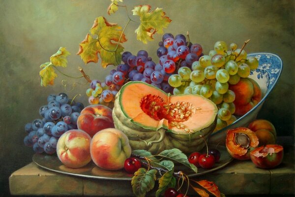 Pumpkin, fruit on a platter, painting