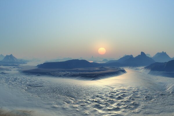 Coucher de soleil dans un monde de glace et de froid