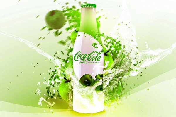 A bottle of Coca Cola with an apple