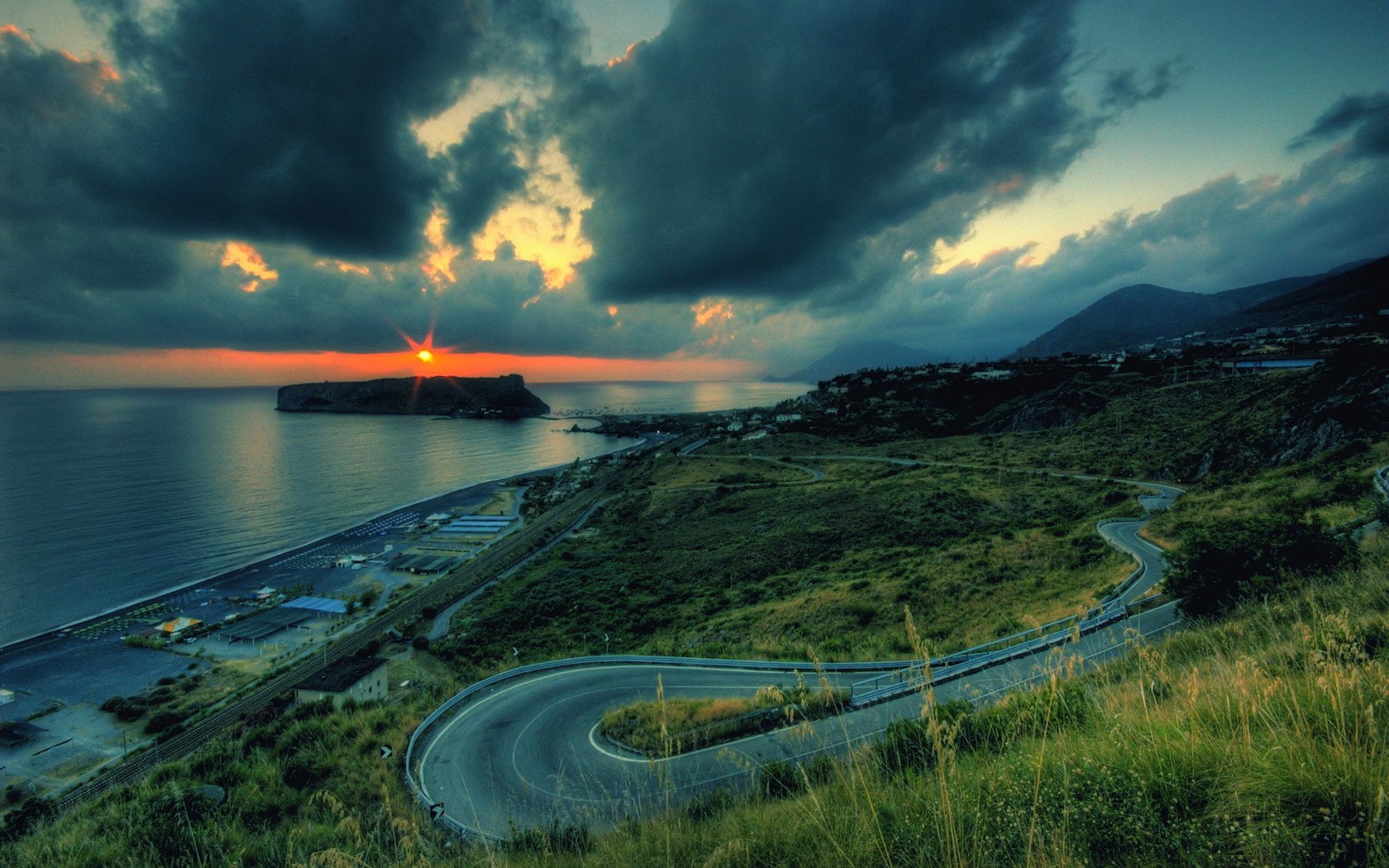 road rotation sunset clouds sea