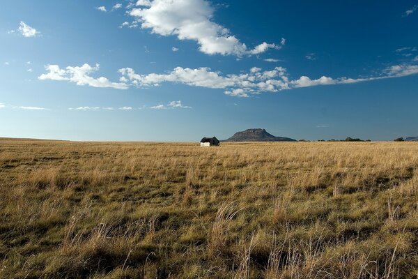 A lonely house on the background of a field and clouds