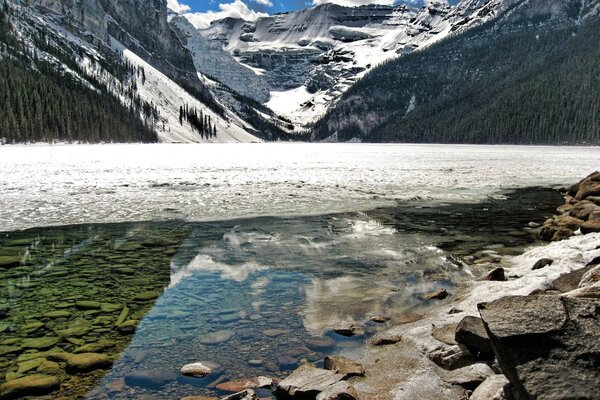 Reflection of stones in a mountain glacial lake